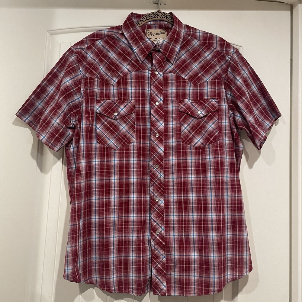 Wrangler‎ Men's Western Shirt Size XL Red Plaid Short Sleeve Pearl Snap Cowboy